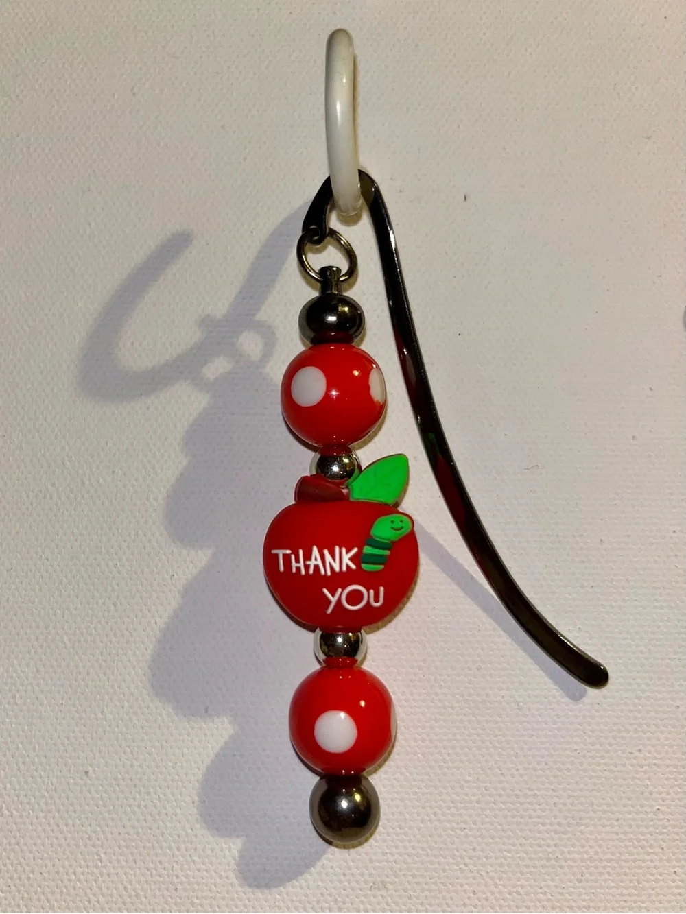 Red Thank You/Teacher Apple & White Polka Dot Beaded Bookmark